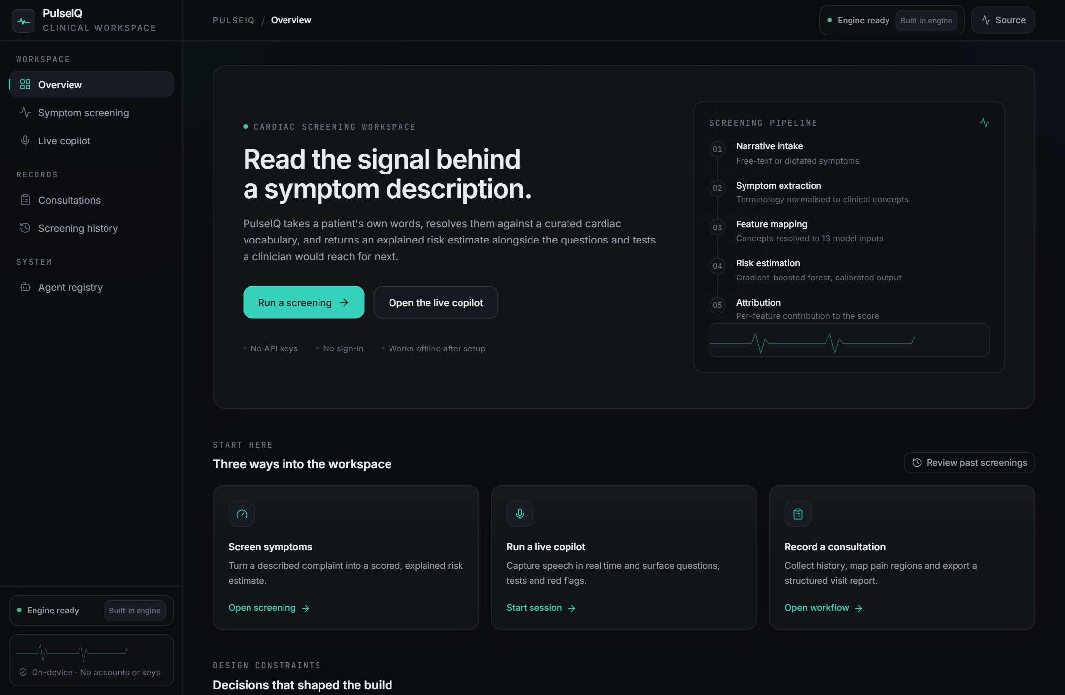 Overview screen with the screening pipeline and entry points
