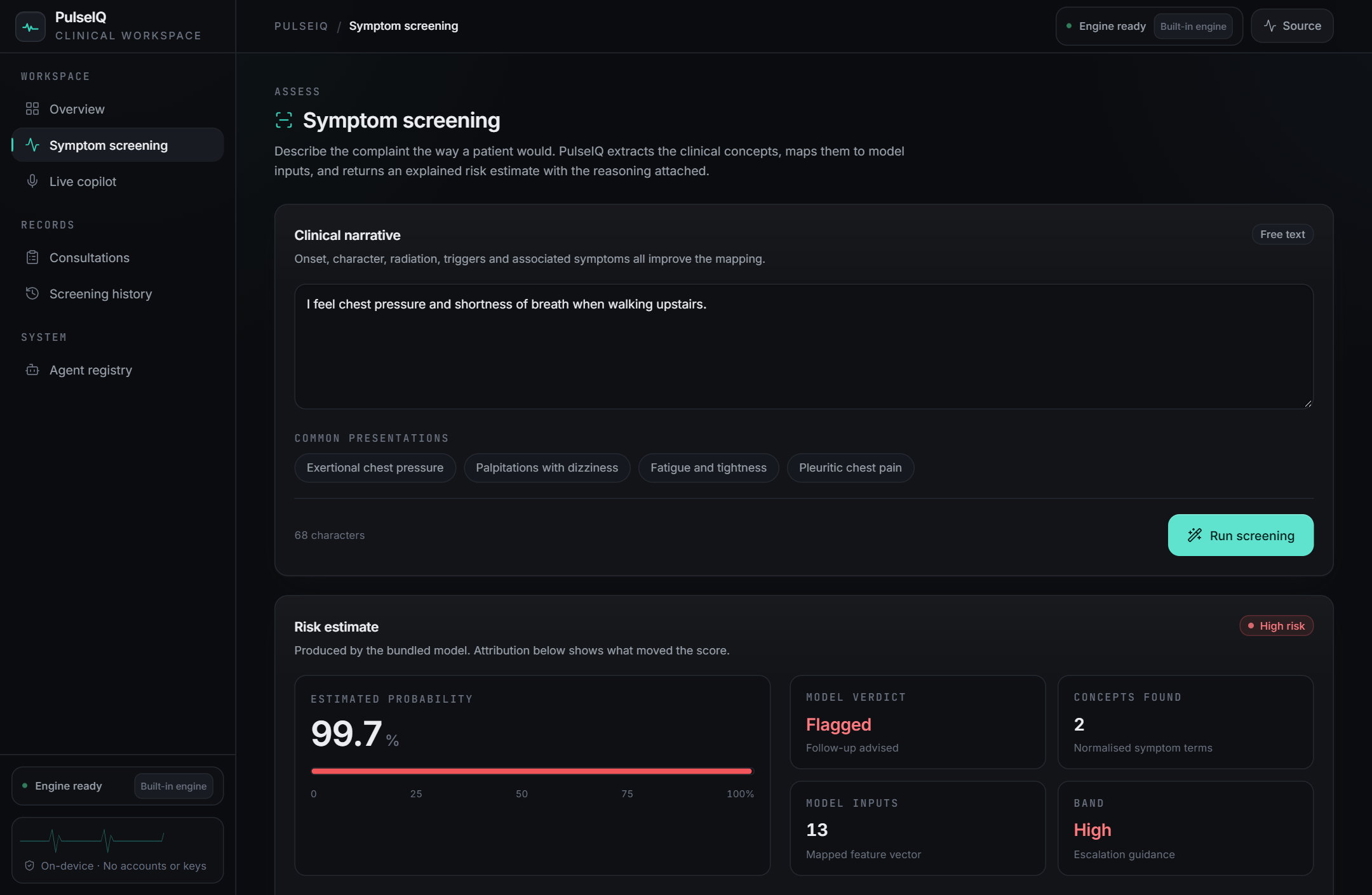 Screening result with risk estimate, band and model inputs