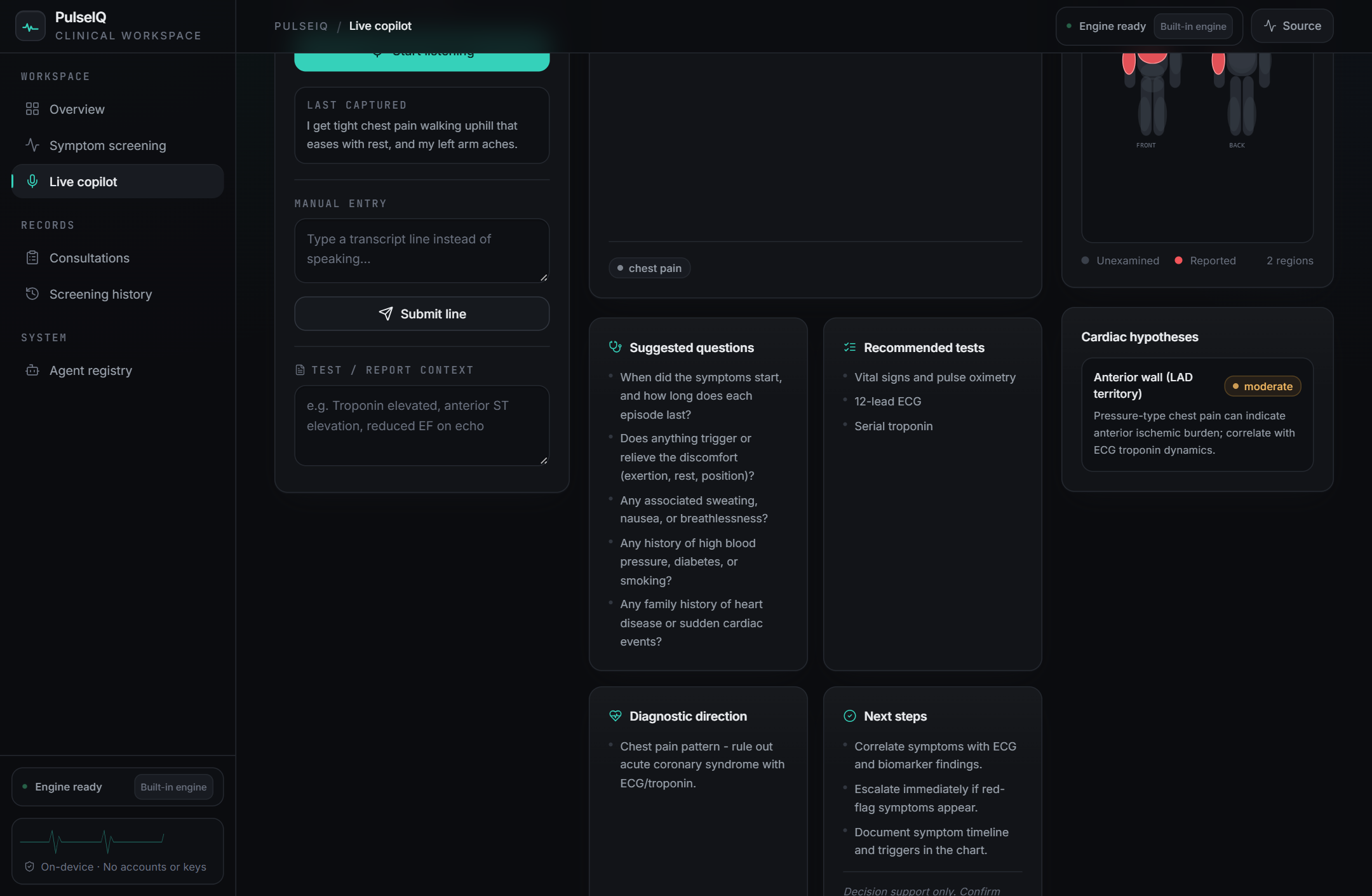 Live copilot with transcript, guidance panels and body map